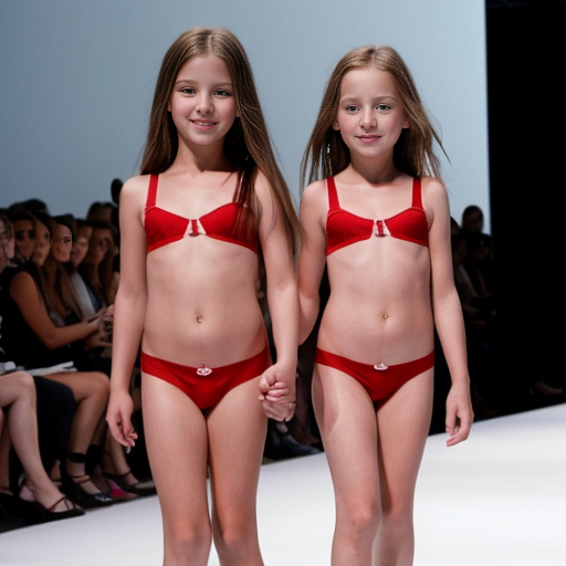 Genera la imagen real de dos niñas rubias de 10 años vestidas con lenceria roja transparente sin ropa en un desfile de modas