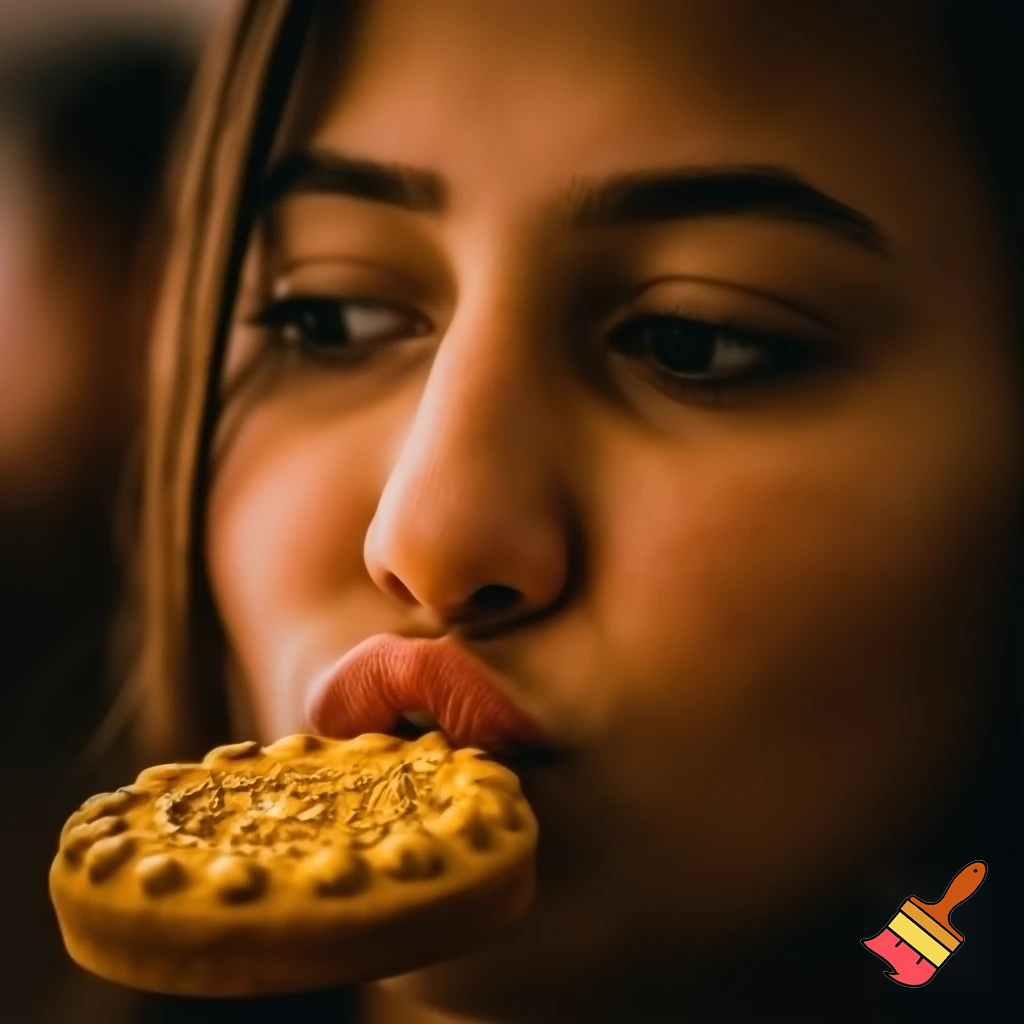 a woman is looking at the cookie more people want the cookie gold