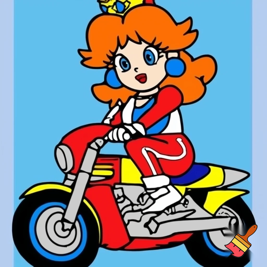princess daisy riding a motorcycle wearing a racing jump suit in classic line art style with full color
