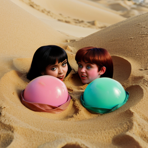 The powerpuff girls bubbles buried up to her neck in sand packed in tight by blossom and buttercup