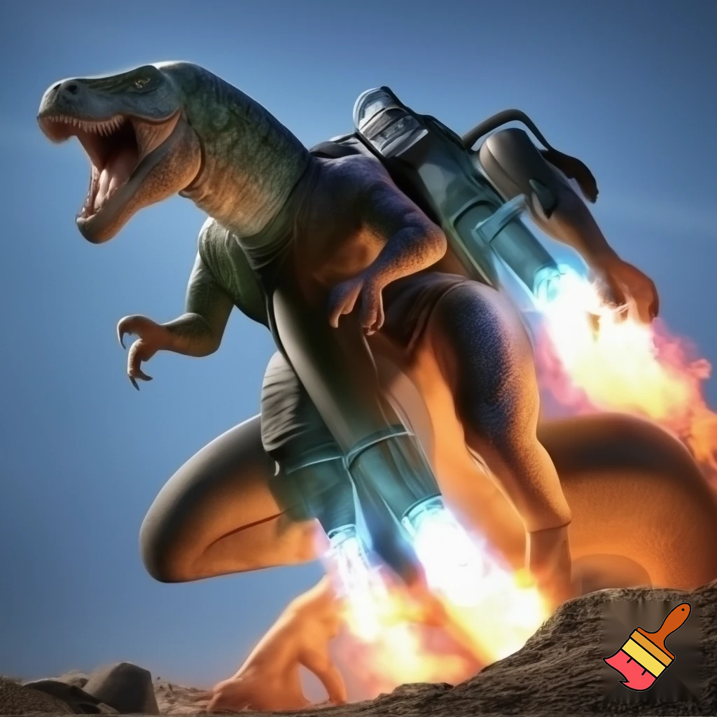 A snake with t-Rex arms and legs that has a jetpack