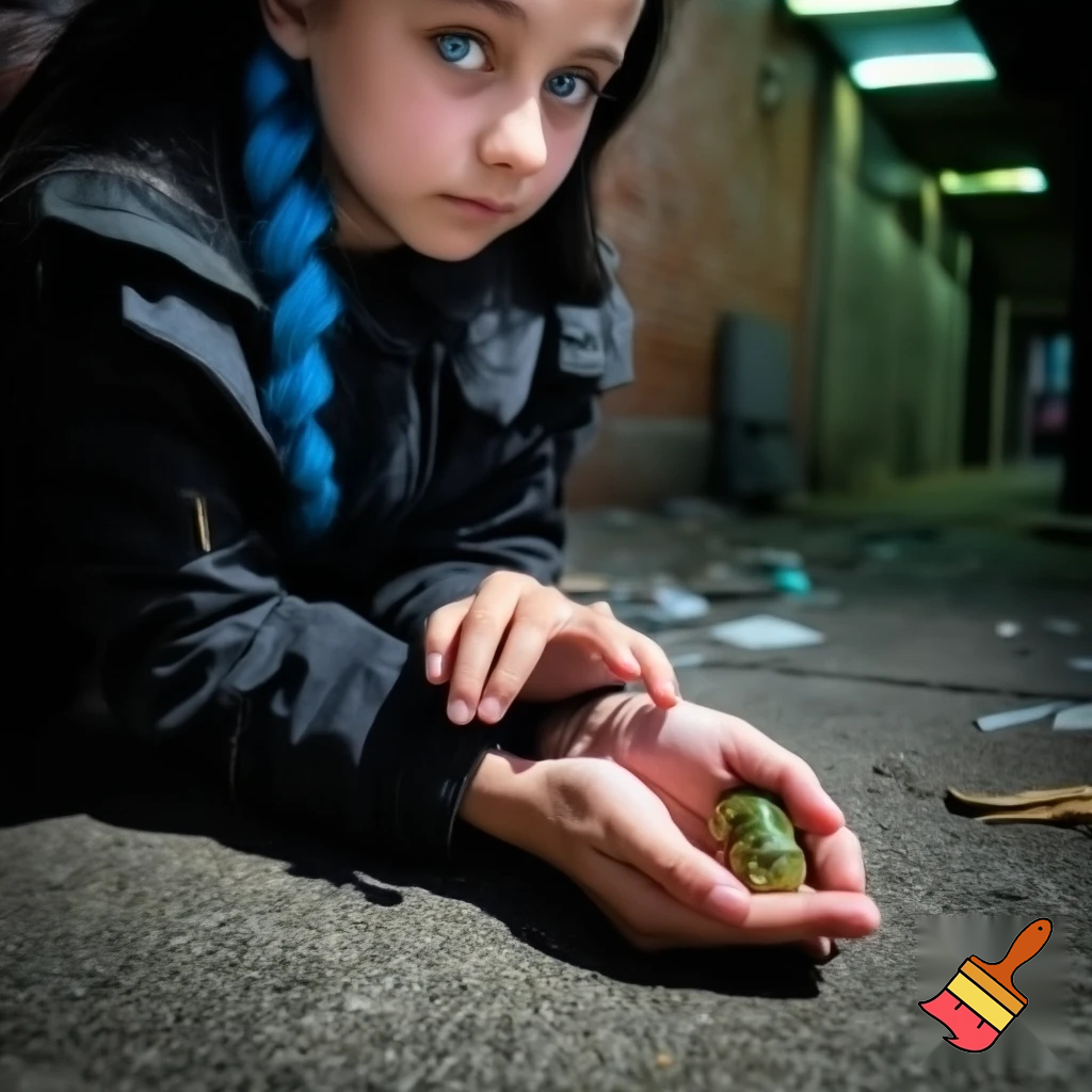 girl with blue braid and has a black jacket with blue eyes holding a frog the girl in the blue hair got pushed by bulliys