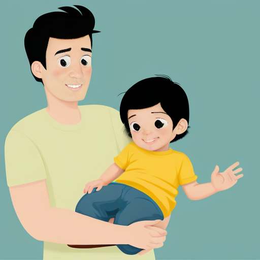 cartoon image of parents holding baby boy with black hair
