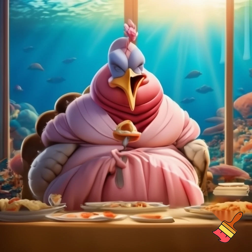 make me a turkey in a pink dress eating stufed turkey in a house of thye middle of the sea
