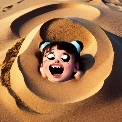 The powerpuff girls buttercup buried up to her neck in sand only her head sticking out packed in by bubbles and blossom