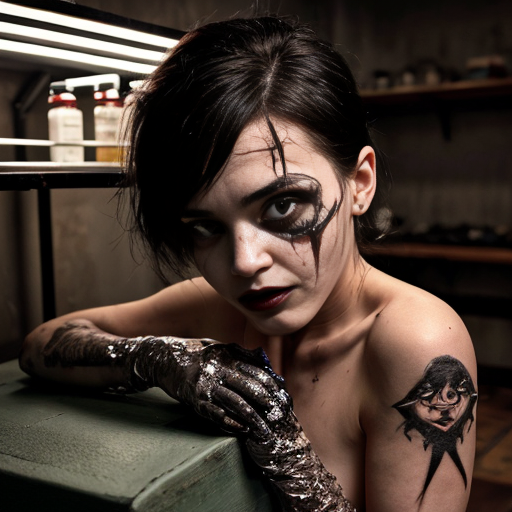 a dimly lit embalming room in an old funeral home, the air thick with formaldehyde and musk. A young male mortician, sleeves rolled up to reveal tattooed forearms slick with sweat, leans over the steel table where a voluptuous female corpse lies partially decayed—her skin mottled with patches of gray-green necrosis, yet still clinging to remnants of her former beauty. Her lips, darkened by decomposition, part slightly as if whispering secrets from beyond, while her bare breasts, one nipple half-peeled away from rot, glisten under the flickering fluorescent light. His gloved hand lingers on her thigh, fingers tracing the jagged Y-incision stitched shut with coarse black thread, while his other hand grips her tangled, dirt-clotted hair—pulling her head back in a grotesque parody of passion. The shelves behind them hold jars of discolored organs, their shadows stretching like grasping fingers across the cracked tile floor, as a single black fly crawls lazily from her open mouth to her sunken, milky eye.