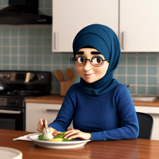 Мультяшный 3D стиль Pixar, упрощённые мультяшные черты, яркие дружелюбные цвета, уютная кухня. Мусульманская мама 35-40 лет, полностью покрыта голубым платьем, которая не выделяет широкое платье, округлое мультяшное лицо, большие простые глаза, готовит на плите. Сын, 20 лет, синяя толстовка, чёрные джинсы, короткая мусульманская причёска, мультяшное лицо, большие выразительные глаза, сидит за столом. Постоянный персонаж, одинаковая одежда и причёска, повторяемый дизайн персонажа, кинематографическое освещени.