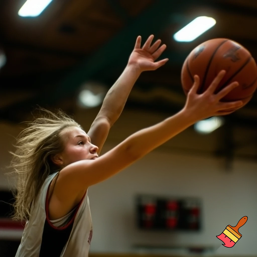 behind white teenage basketball with dirty blonde hair making a game winning far shot