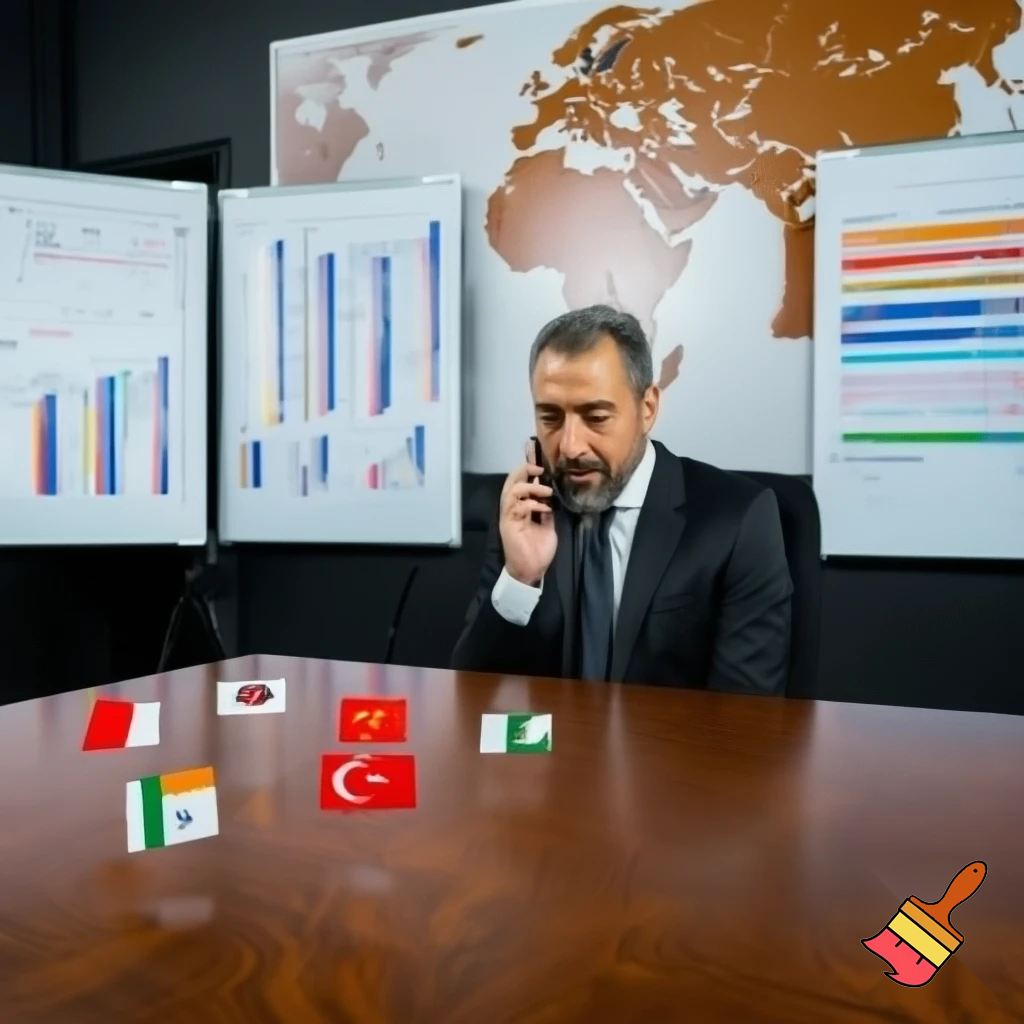 In a business room, a businessman in a suit is sitting at a table and talking on the phone. On the table are flags of Iraq, Afghanistan, China, India, Turkey, Tajikistan, Pakistan. On the wall of the room are boards with sales charts. On the wall is a large board with a world map.
