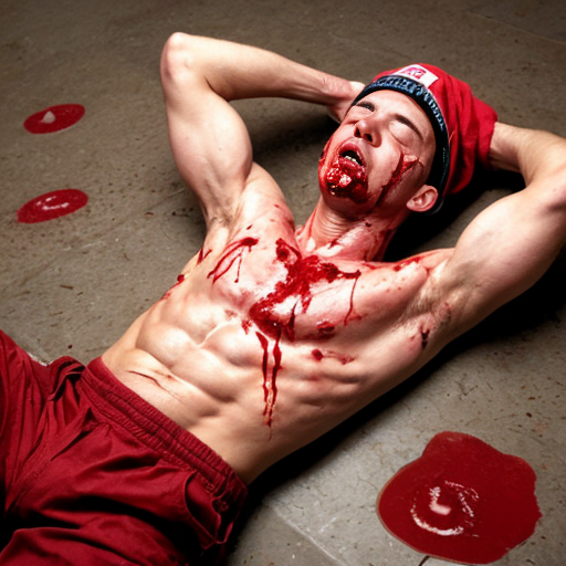 Lifeless man body (16-years old) with red cap on floor, shirt pull into shirtless, blood and organs exposed ribs on center chest, both eyes closed, mouth bleeding blood. 