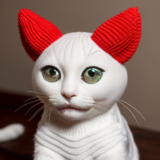 i want white cat plush with Closed embrodiered eyes, yellow horns that have a slight curve at the top, cute bright red anime-style blush, a bright red nose, and closed red wings.