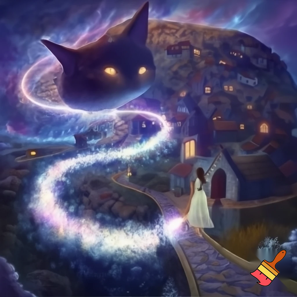 Можешь создать картинку - огромный кот на фоне сказочной природы , сквозь  его тело  проходит дорога во вселенную, его шкура состоит из домиков сказочных, его хвост пушистый полосатый в виде дороги, по которой идет юная девочка в полупрозрачном легком платьице , босиком, а на выходе из кота полупрозрачный силуэт взрослой девушки.