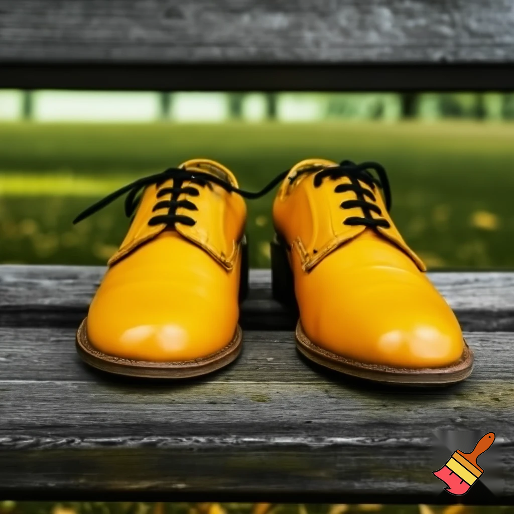 yellow-gold shoes with black laces on a bench