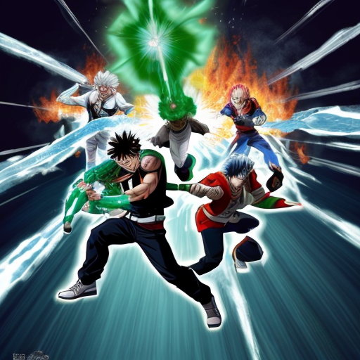 Izuku midoriya green energy blast shooting at kakutsi bakugo locked in battle and shoto todorki shooting ice at izuku and fire at bakugo and they all shotting power at eachother
