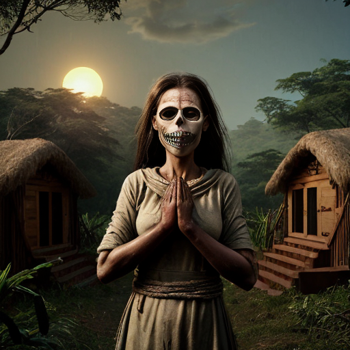 Her mother, Yura, had hidden her in the root cellar beneath their hut, wrapping her in damp cloth to mask her scent. It was a desperate act, born not of rebellion, but of love. She knew the price. She had known it since she was a child herself.
As the sun struck the altar’s peak, the elders emerged from the jungle, silent and skeletal, their bone masks glinting in the dying light. They did not speak. They did not search. They simply turned to Yura.
She did not run.
She stepped forward, arms raised, wrists bare.
But the elders did not stop at her.
They took her sister. Her cousin. Her niece.
Four women, bound together at the altar, arms stretched, wrists strung high. A chain of blood and defiance.
And then, from the jungle, came the sound.
Not a roar.
A breath.
A low, seismic exhale that made the trees bow and the villagers fall to their knees.
Kong had come.
But not for worship.
For judgment.