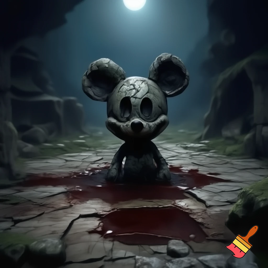 Ancient stone idol of Mickey Mouse with blood sacrifice outside Burial 