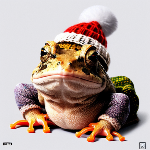 A laughable, puzzled animal toad in woolen, multicoloured winter clothings with woolen winter cap. Hyperrealistic art style.