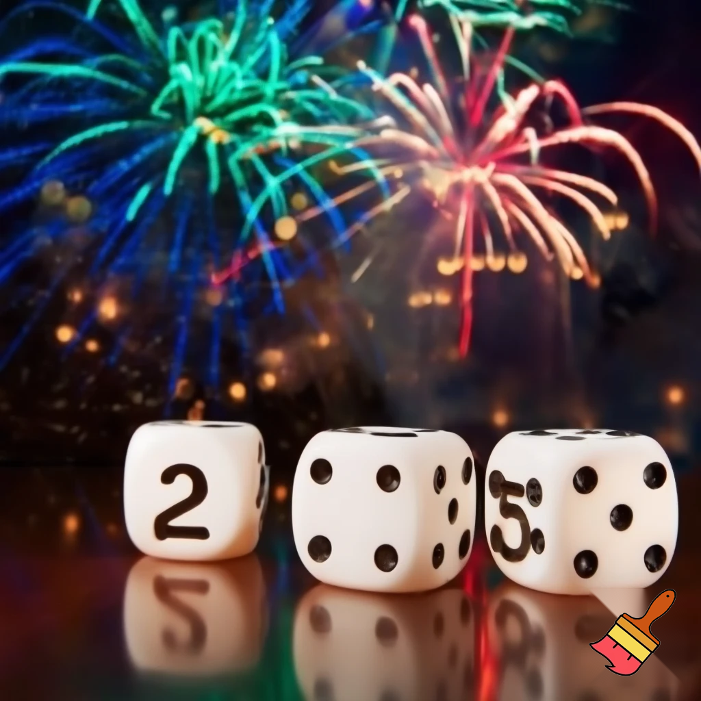 erstelle ein foto mit drei würfeln, der linke würfel hat auf jeder seiner sechs flächen nur die 2 als augenzahl, der mittlere würfel hat nur die 4 auf jeder seite, und der rechte würfel hat nur die fünf als augenzahl, es sind weiße spielwürfel auf einer tischplatte, im hintergrund sieht mein ein silvesterarrangement mit feuerwerk, romantisches bild
