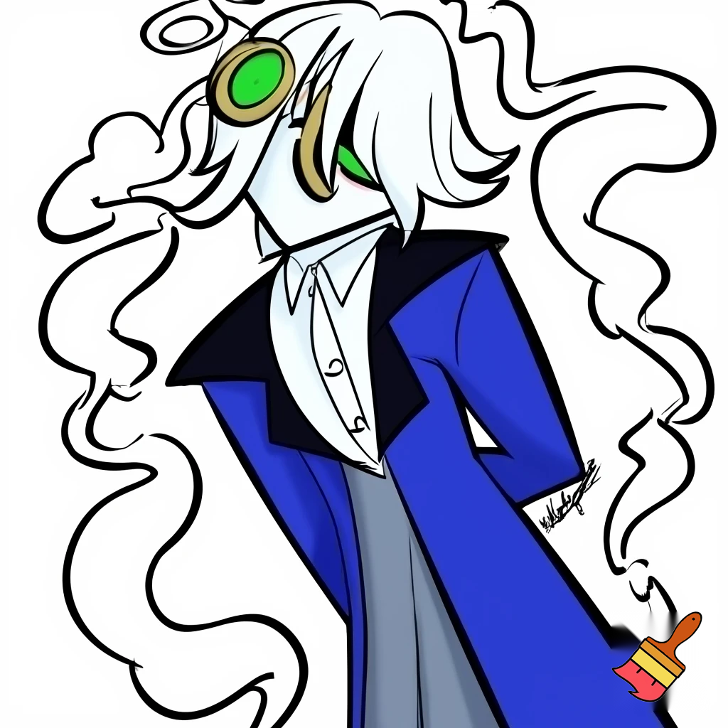 A tall, lean pale man with white hair, green eyes and distinctive round brass glasses In cartoonish art style of hazbin hotel wearing his signature blue overcoat and smoke curling around him