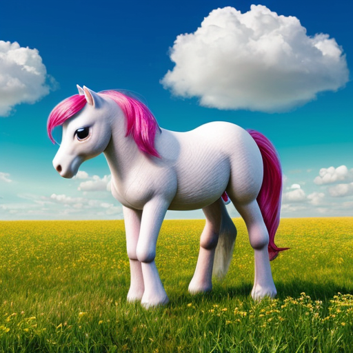 Beautiful pink pony with blue sky and cloud in a green meadow with flowers
