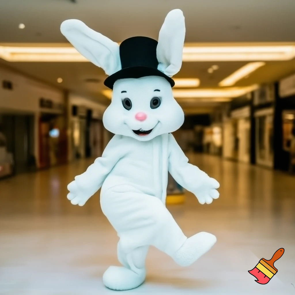Easter bunny mascot top hat at the shopping centre mascot costume Darrell Lea magic room Australia dancing
