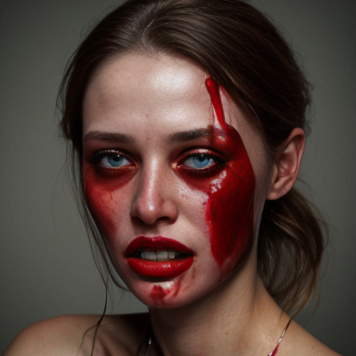 creepy woman with blood on right side of face