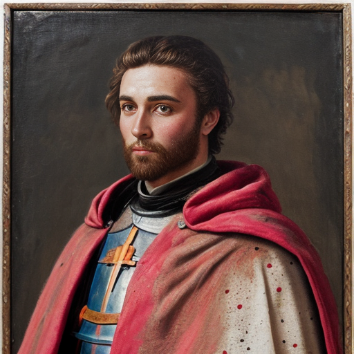 a weathered painting of a handsome knight, he is wearing a pink cloak with black spots