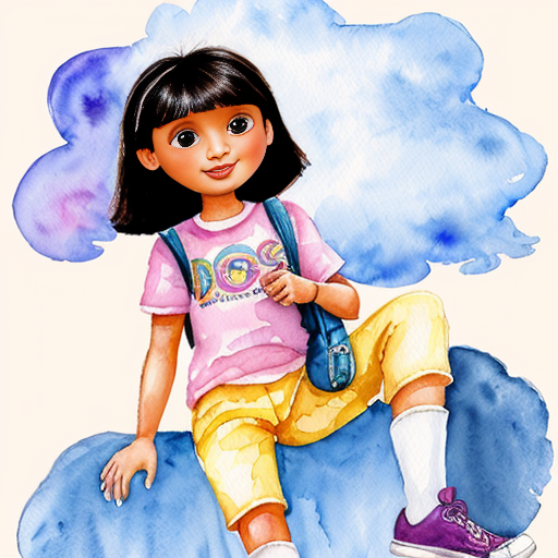 Little Dora purple backpack pink t-shirt orange short pants yellow socks white sneakers on a sitting big cloud in the sky from Dora the Explorer. migration