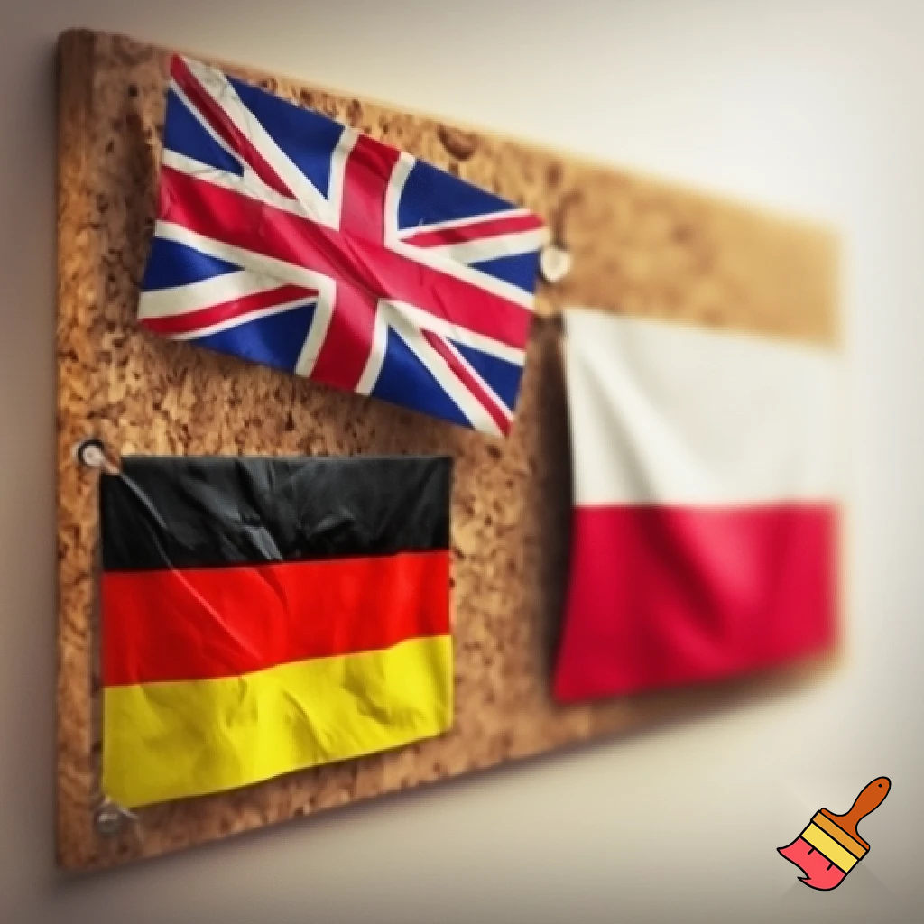 CORK BOARD WITH A BRITISH AND GERMAN AND POLISH FLAG ON IT
