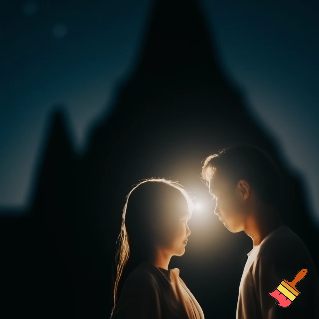 📿 रात्रि का दृश्य, मंदिर जैसी शांति, पति-पत्नी के चारों ओर दिव्य प्रकाश