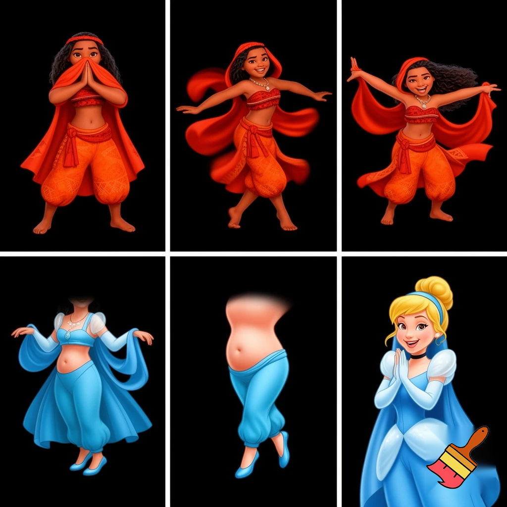 90's disney's 2d aladdin style comic black background and panels of panel 1 moana barefoot with red orange harem pants and bra with both hand palms place together and hiding the bottom of her mouth with a red orange veil wrapped around her arms and attached to her head. 
panel 2 she danced with red orange harem pants barefoot with red orange bra and red orange veil wrapped around her arms and shoulders and raising legs and bounced up and down her belly and shook her hips left and right. 
panel 3 as Moana barefoot with red orange harem pants and bra spreading her arms, happily revealing her face to the viewer and giving a smile as she turns around shook her butt left and right. 
Panel 4 moana barefoot with red orange harem pants and bra started to fading away , except her belly, which is bouncing around. 
Panel 5 then the ball transforms into the fading in belly of blonde haired Cinderella with blue harem pants and blue bra and blue curved slippers and blue veil wrapped around her arms and shoulders with her swaying her hips. 
Panel 6 blonde haired Cinderella with blue harem pants, blue bra and blue curved slippers and blue veil wrapped around her arms and shoulders and with her hand palms place together between her chest and she gives a smile and winking her left eye.  