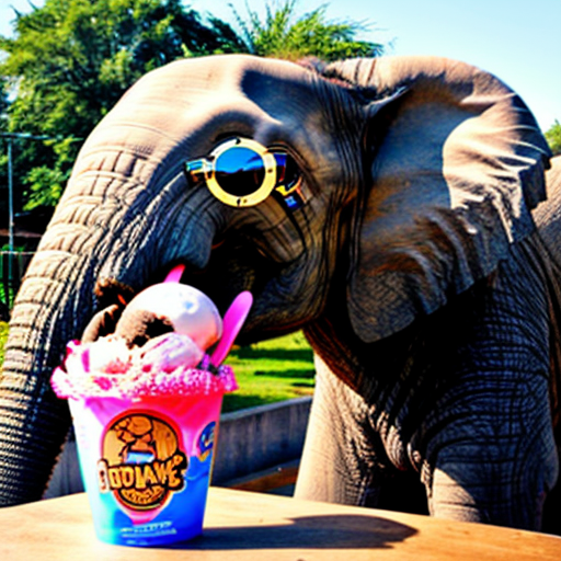 A happy elephant wearing sunglasses and eating ice cream