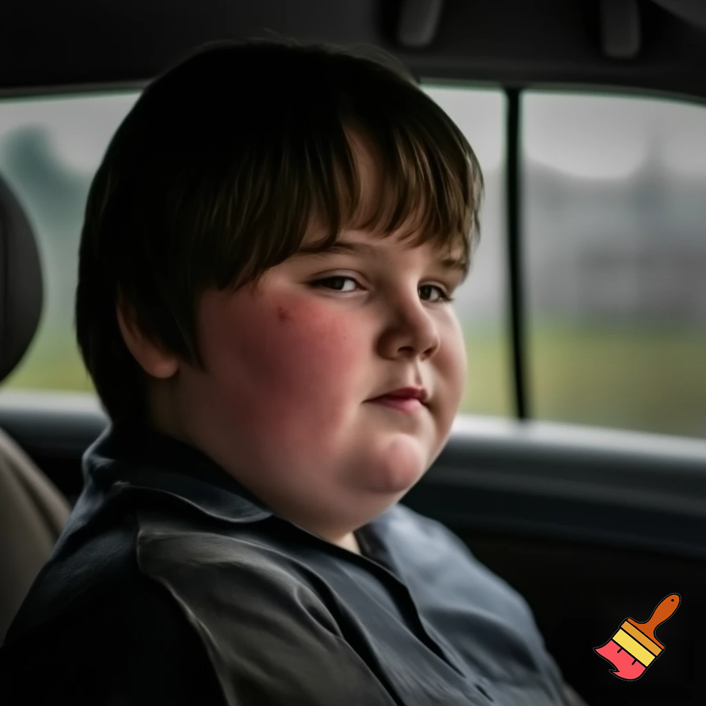 A kid that is 13 years old with brown hair in school uniform in the car and he is chubby