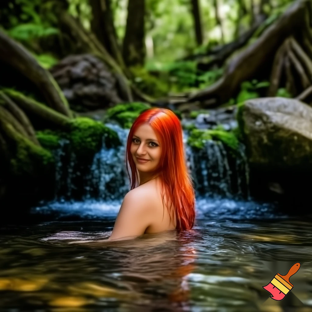 woman with red hair, is knee-deep in a clear forest pool, beneath a small waterfall