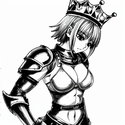 ((anime style drawing)) cute anime girl, huge muscles, she is a knight, she wears metal gauntlets, metal greaves and shoulder pads, she has a breastplate, her defined abs are exposed as well her upper arms, she has a tiara that has crown features
