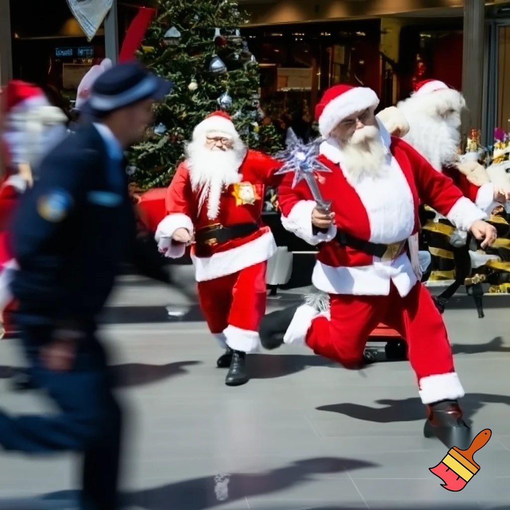 Santa Claus dancing shopping Centre walking Australian magic walking stick walking stick star running outside of the shopping centre on the Christmas tree  policeman are running the two naughty Santa Claus the two good Santa Claus and the naughty one