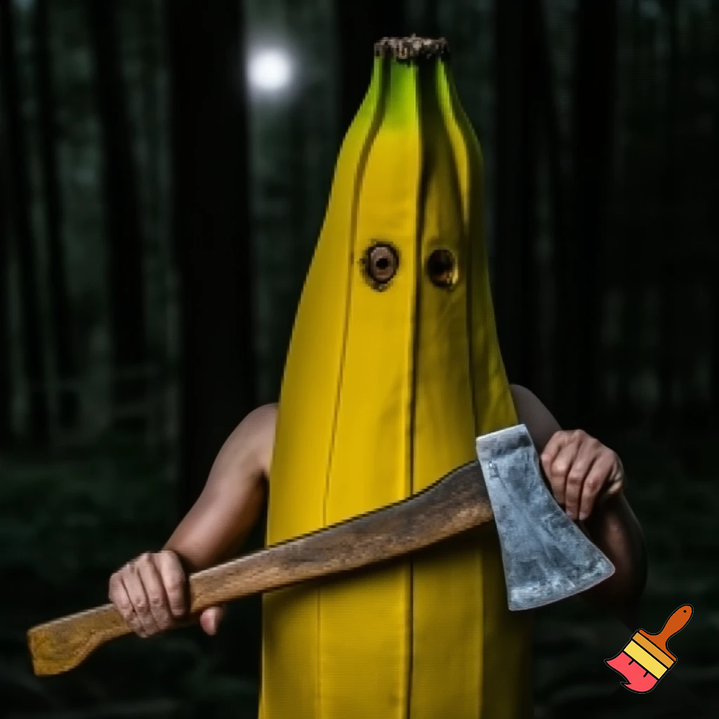 Banana man holding a axe in the woods it night