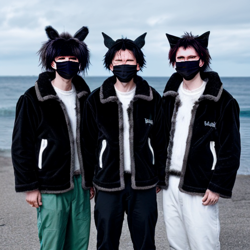 3 witch doctors with long furry black jackets and white face mask with hallow black  eyes and dressed with pants with messy hair next to the sea 