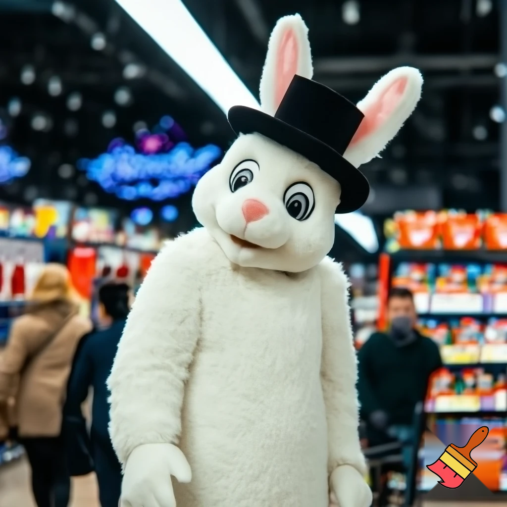 Easter bunny mascot top hat at the shopping centre mascot costume Darrell Lea magic room