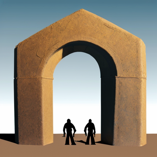 Paint the stones of an arch with multiple abstract figures in Tanguy  style