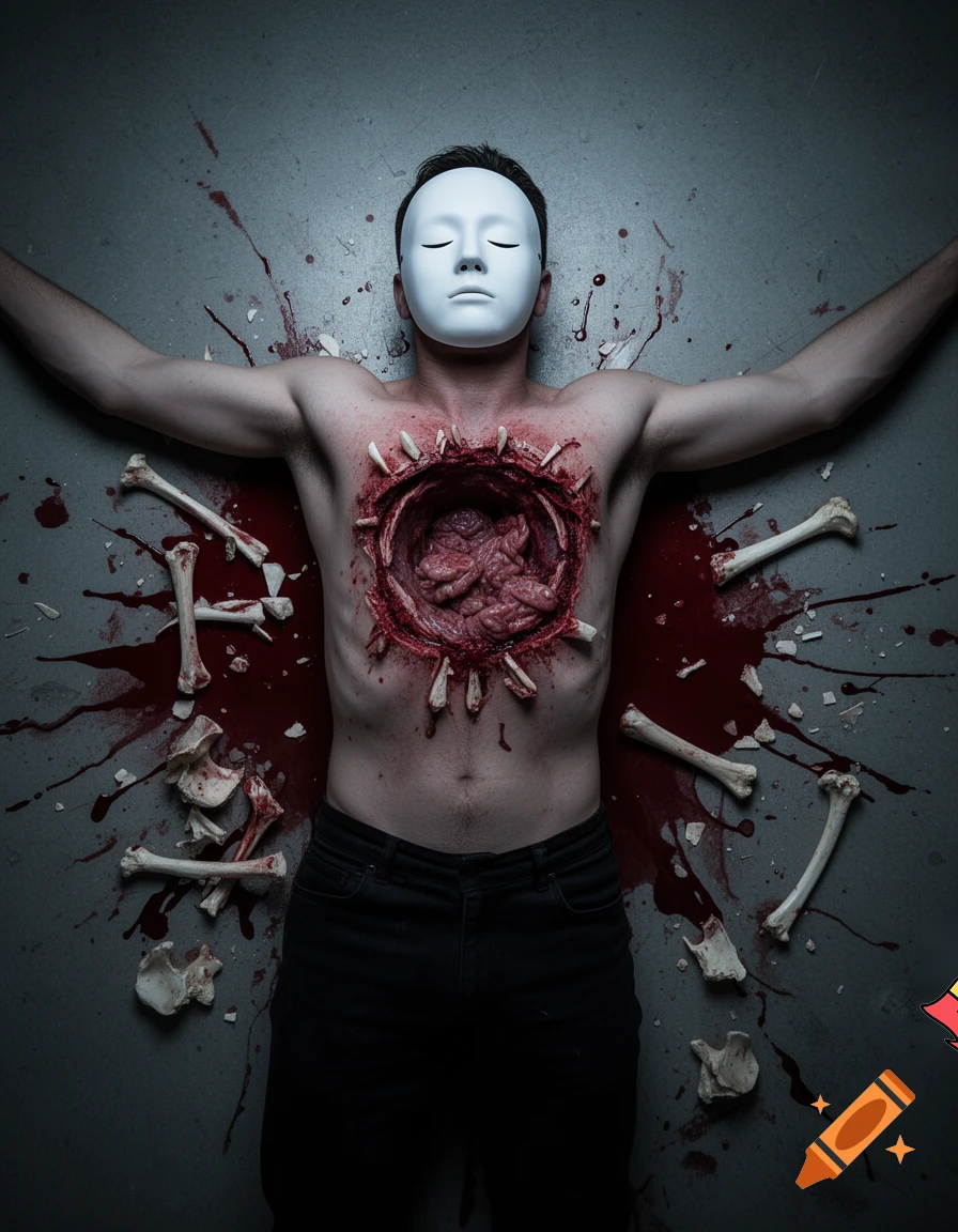A corpse shirtless man, died, face are wearing mask, eye closed, chest fully opened wounded circle on center, blood everywhere. Gibs and ribs (from chest bone) everywhere and broke, organs piece by piece.