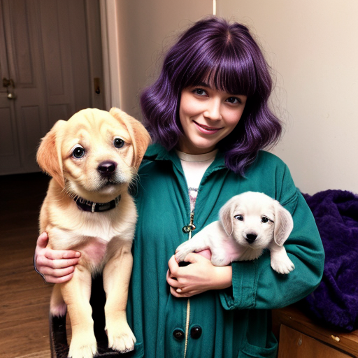 a girl with a whimsical eye and luscious purple hair baggy old green clothes and a puppy with blue fur