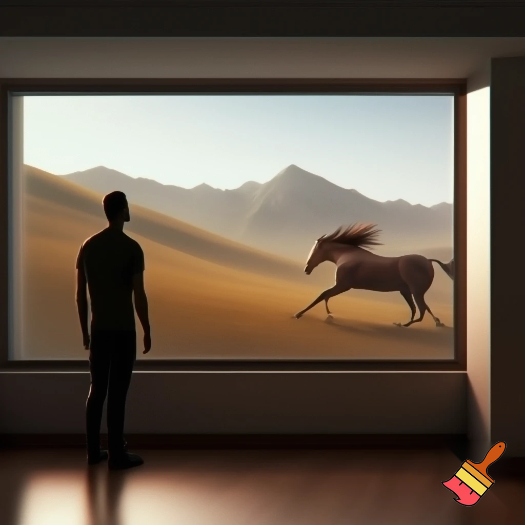 A horse running through the hills and over the mountains free and a man looking at the view of that horse by the window, calm and nicw environment 
