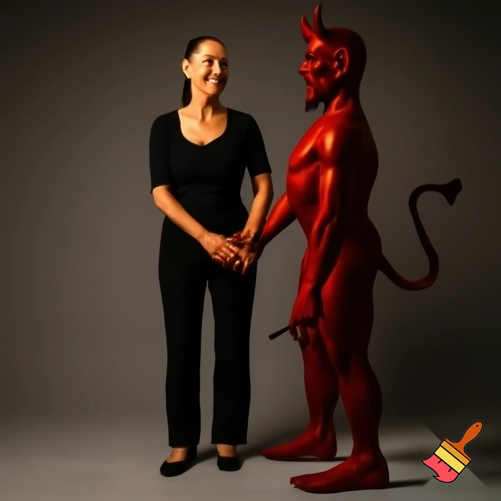claudia sheinbaum holding hands with the devil and smiling, full body, 