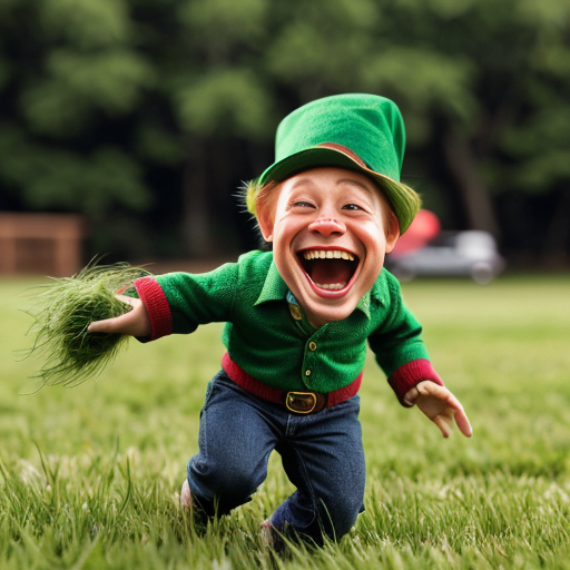 leprechaun running through grass laughing hysterically