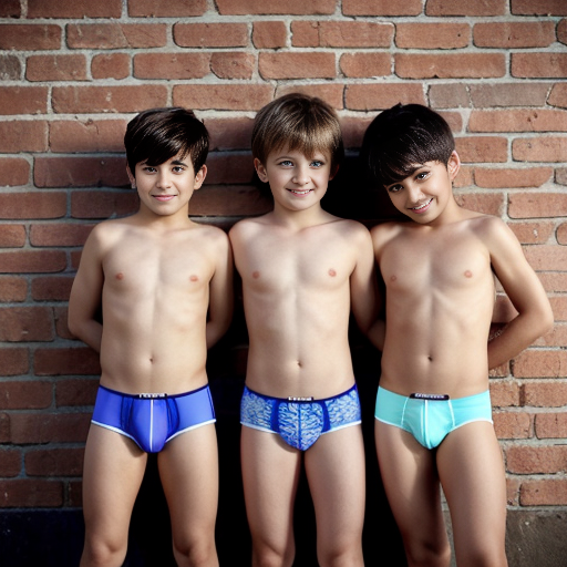 A wholesome scene suitable for children. Four boys and one girl are posing outdoors in front of a brick wall for a group photo. They are ten years old. Each is wearing a different color of underwear. Some of the boys are wearing briefs and some are wearing boxers. Some of the boys are visibly embarrassed in their underwear while others are clearly having fun in their underwear.