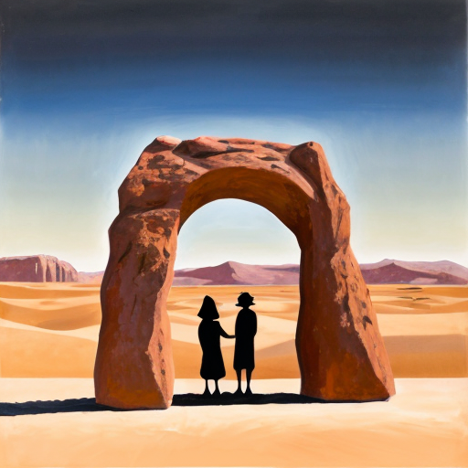 Paint the stones of a desert arch with multiple abstract figures in Tanguy and Matisse style