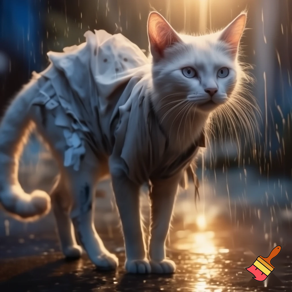 Beautiful 24-year-old white catgirl in torn dirty rags, **NOT pregnant**, slim waist, walking rainy Karachi street at golden hour, white cat ears drooping, long white tail dragging, icy blue eyes full of hope, bright sunlight beams, sparkling wet fur, emotional cinematic portrait, 8k
