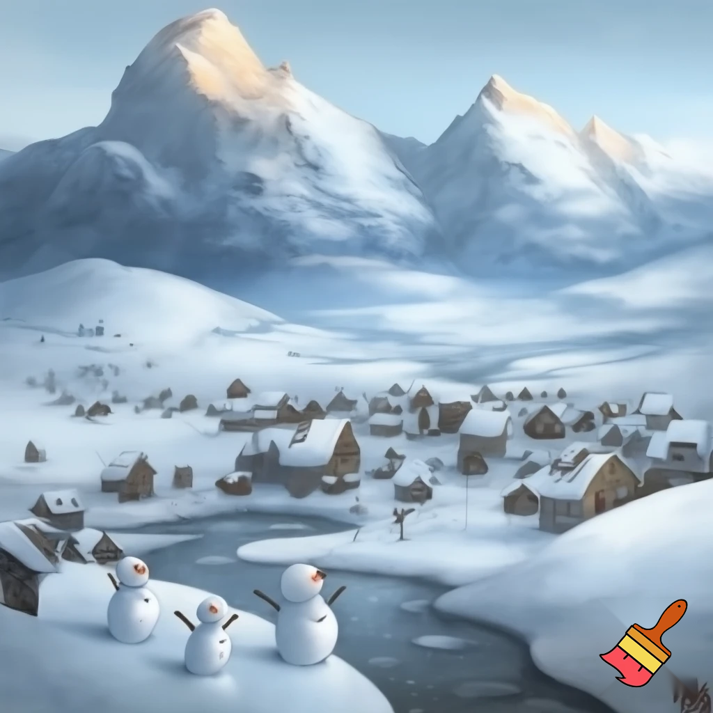 a snowman village with mountains and rivers