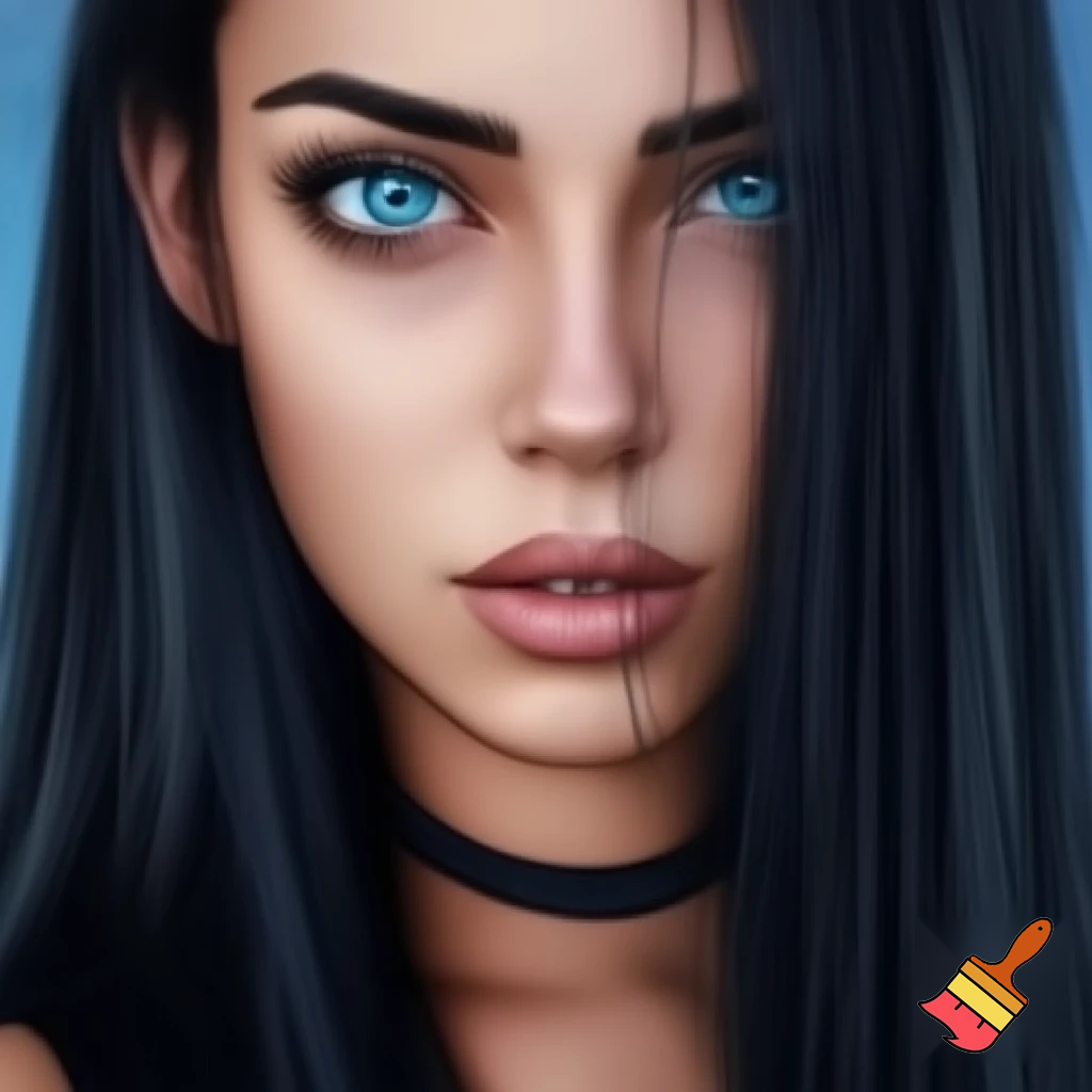 Female long black straight hair , ocean blue eyes, drawing,and realistic and drawing with color
